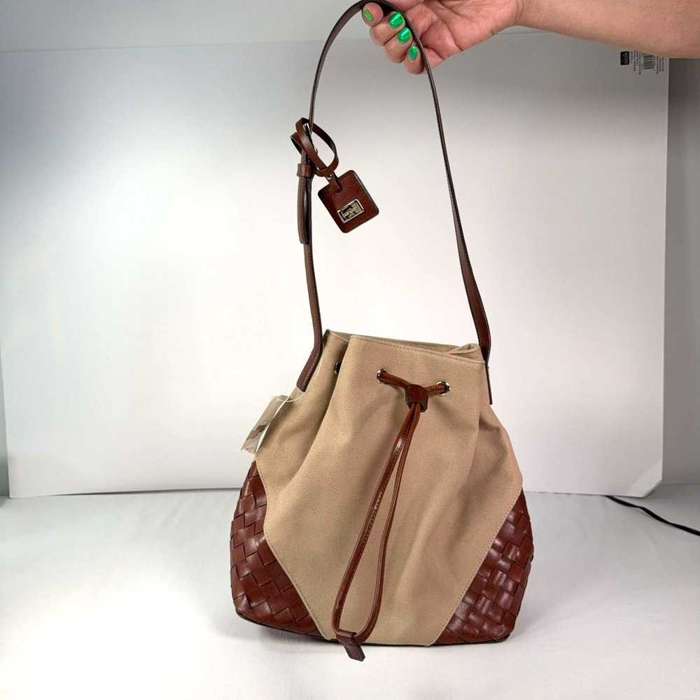 Nine West Canvas Bucket Bag NWT Oatmeal Brown Woven Drawstring Shoulder Purse